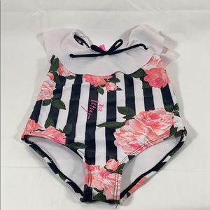 Betsey Johnson black + white striped pink floral